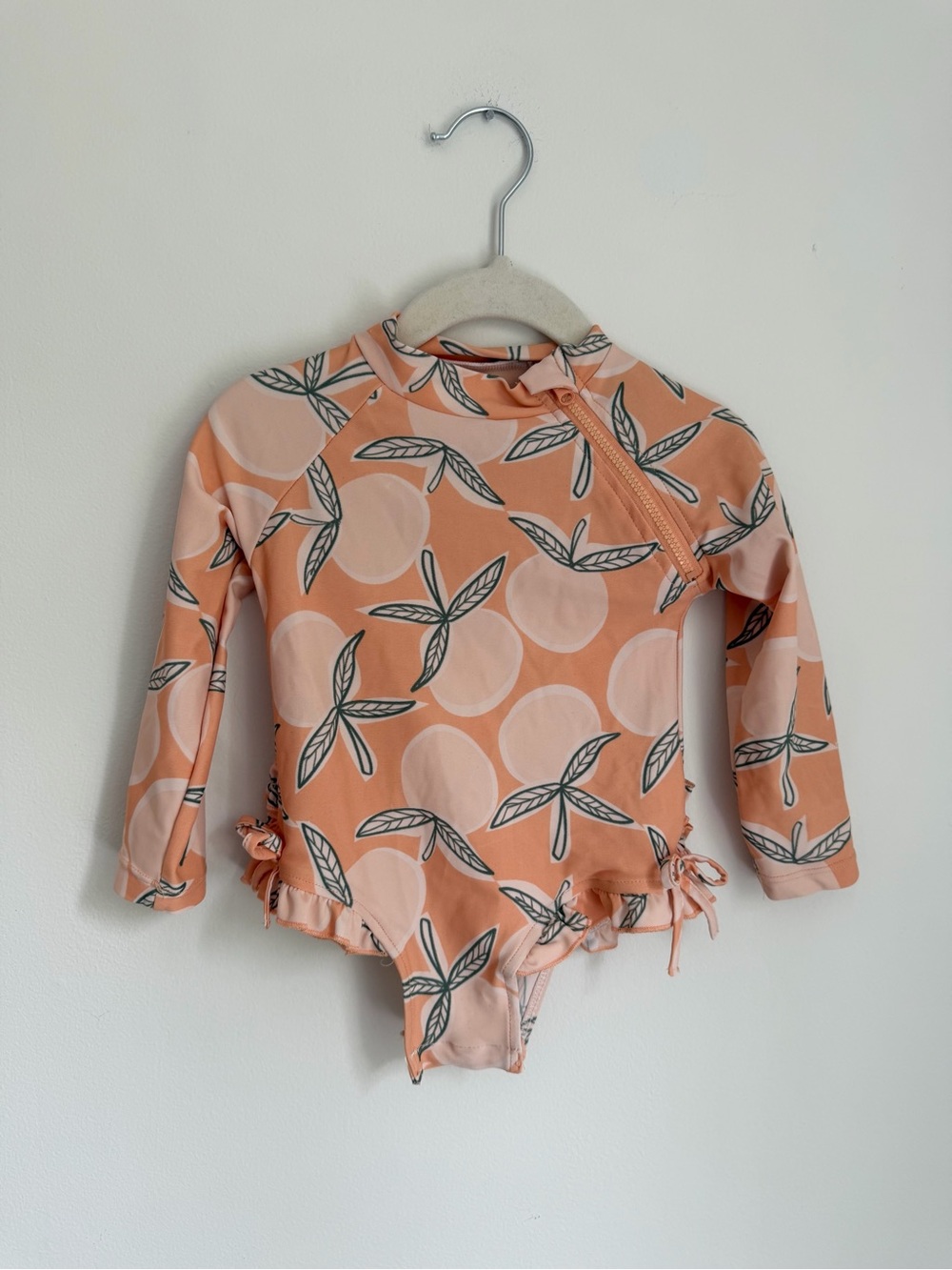 Jessica Simpson Long-Sleeve Peach Leaf Print Rash Guard Swimsuit (Size 18m)